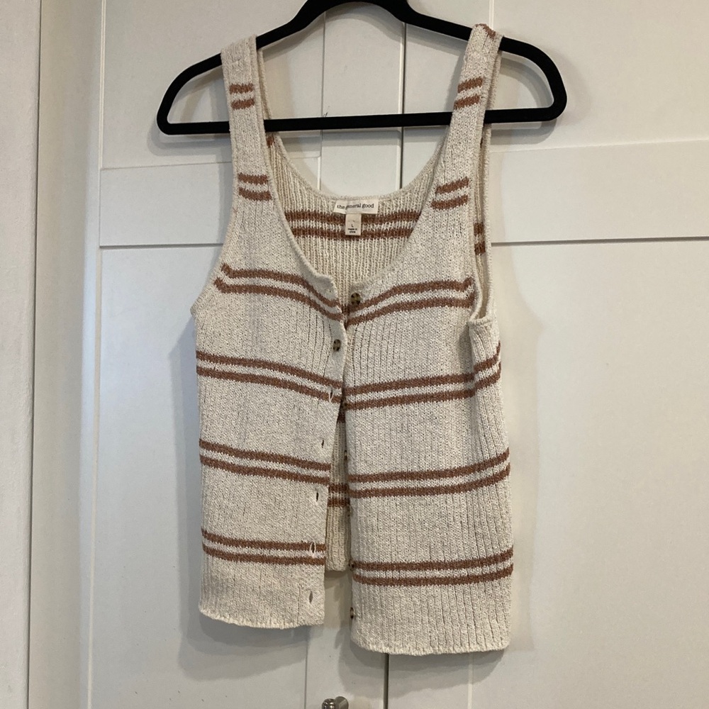 Soft knitted Striped Button-Up Tank Top or vest  in Cream and Brown large